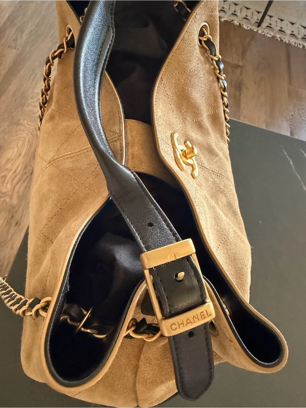 Chanel Two-Tone Suede & Leather Shoulder Bag in Beige and Black - Picture 10 of 16